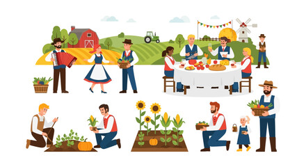 Obraz premium Farming and Harvest Celebration Set. Farmers Working, Planting Crops, Gathering Vegetables, and Celebrating the Autumn Festival.