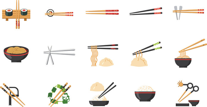 Chopsticks holding sushi noodles dumplings and rice bowls Asian cuisine dining elements flat vector illustration isolated set.
