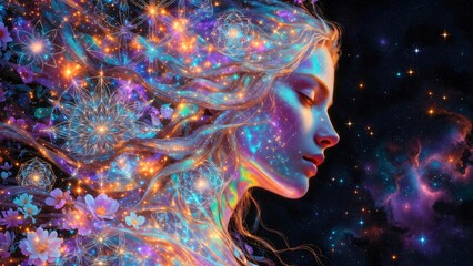 Energia femminile divina: volto di donna creato da nebulose spaziali