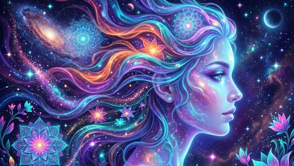 Ritratto astratto di donna cosmica con galassia e stelle luminose