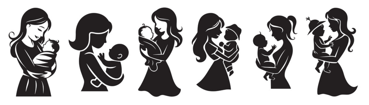 Mother Holding Her Baby Silhouette Vector Illustration