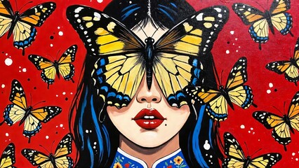 Illustrazione pop art di una ragazza circondata da farfalle.