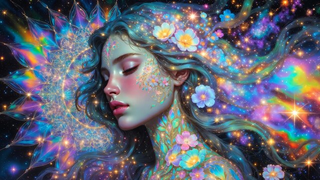 Ritratto astratto di donna con fiori luminosi e colori olografici