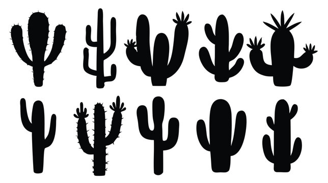 black cactus silhouettes isolated flat illustration on white