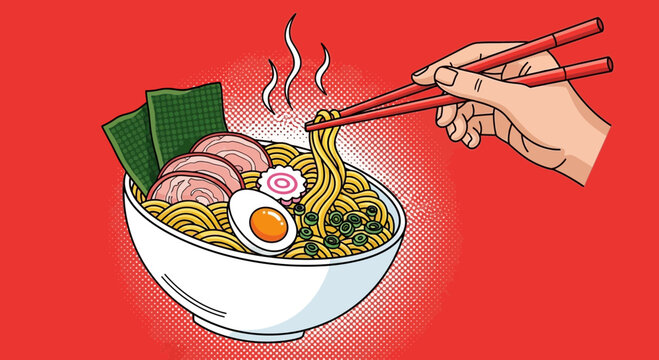 Cartoon ramen bowl with chopsticks reaching for noodles against red background