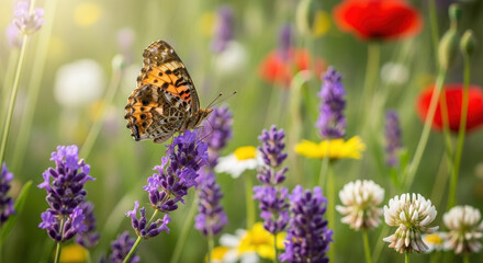 Obraz premium Butterfly perched on purple lavender flowers in a vibrant meadow