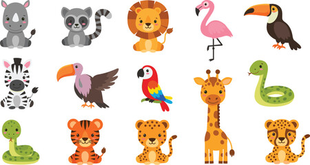 Fototapeta premium Cute wild animal cartoon collection with lion giraffe tiger leopard snake flamingo toucan raccoon and zebra vector illustration set.