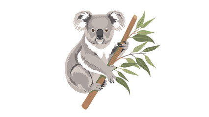 A cartoon koala sitting on a eucalyptus tree branch with green leaves on a white background. © Anton AL Ghifari