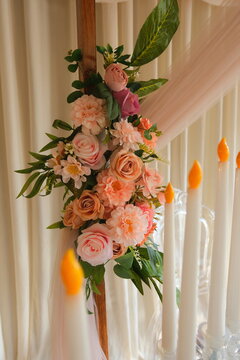 wedding decor, photo zone, floral arch, pastel flowers, beige curtains, drapes, tulle, crystal candelabra, artificial candles, ghost chair, romantic setting, marriage ceremony, engagement party, event