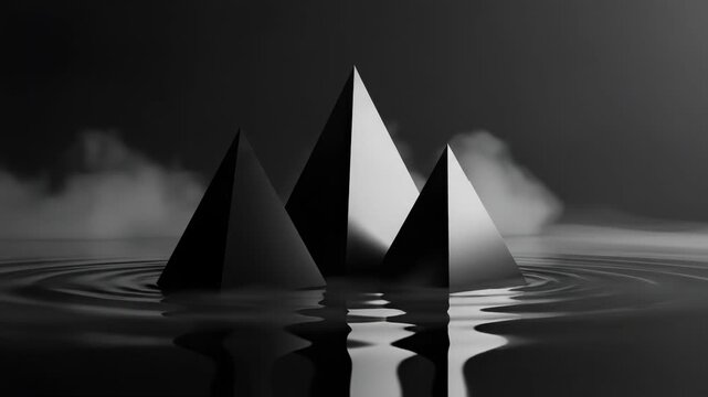 Black abstract pyramids on a dark liquid surface with ripples and smoke.