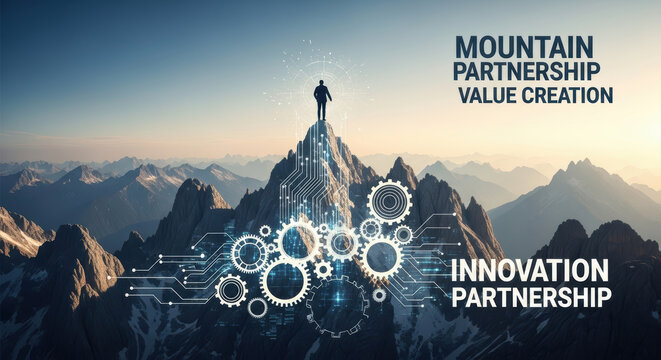 Person Standing on Mountain Peak with Circuit Board Path