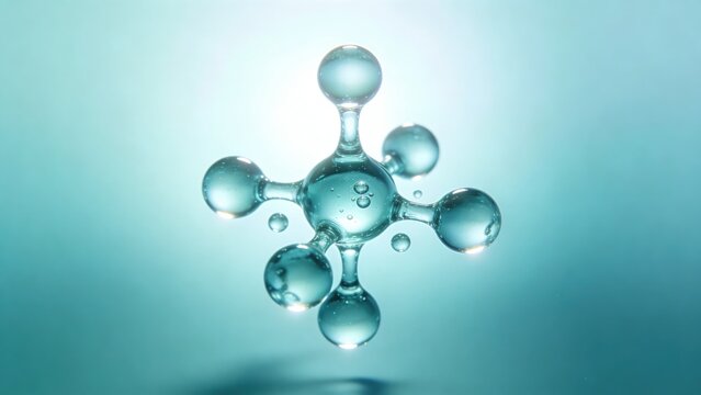 Cool teal-blue nicotinamide riboside droplets cluster and float weightlessly against a luminous icy gradient, featuring one central droplet with microbubbles.