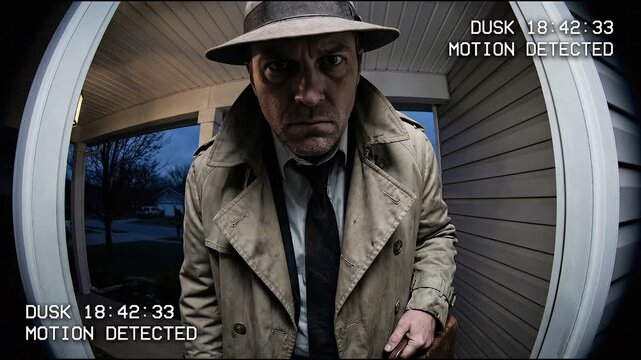 Man wearing a beige trench coat and fedora holds a briefcase on a dimly lit porch at dusk
