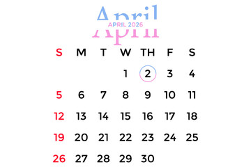 April 2, 2026 calendar with pastel blue and pink colors split on a white background