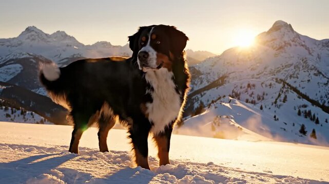 Majestic Bernese Mountain Dog in Snowy Mountain Landscape.