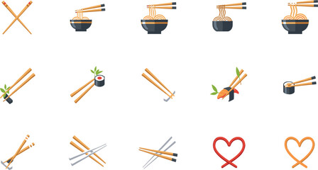 Chopsticks with sushi and ramen noodle bowl collection Asian food dining symbols flat vector illustration isolated set. © MstSuborna
