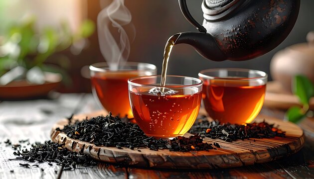 Tea pours from a dark pot into clear cups surrounded by loose tea leaves on a wood surface