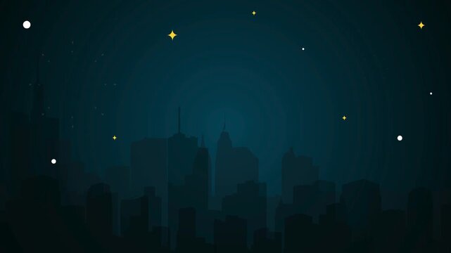 "Stylized City Skyline Night View: Minimalist Fireworks Animation and Twinkling Stars"