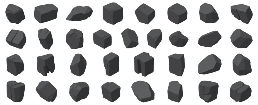Low poly stone and rock collection with geometric shapes, flat shading design, suitable for game landscapes and 3D environments, vector illustration