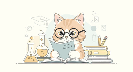 Cute Cartoon Cat Reading Book, Wearing Glasses, Surrounded by Science Equipment