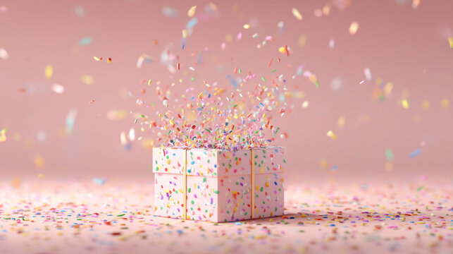 Open gift box exploding with colorful confetti, celebration and surprise