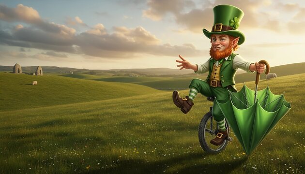Happy leprechaun riding unicycle in green field in colorful costume. Celebration for Saint Patrick Day greeting card, party invitation.