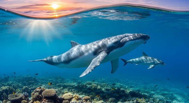 A majestic humpback whale and a dolphin swim beneath a vibrant sunset in a stunning split-level underwater view.