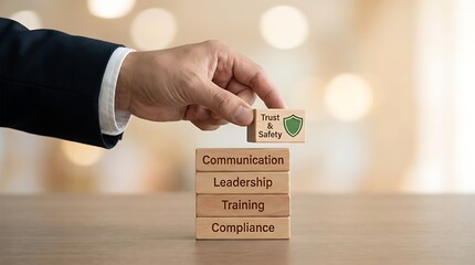 Trust and Safety Concepts Represented by Hand Placing Wooden Block with Business Skills and Principles