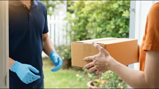 A delivery person handing a package to a recipient at the front door on a sunny day with greenery in the background