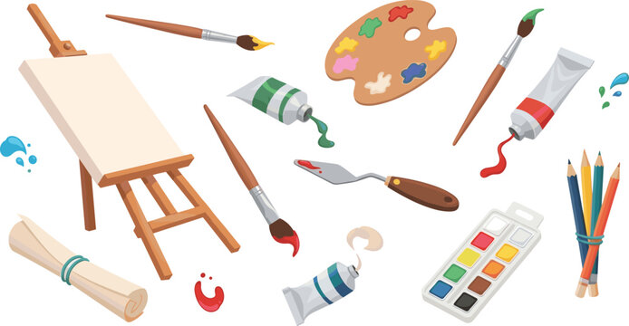 Artist painting tools and art supplies with easel palette brushes watercolor paint tubes pencils creative workshop vector illustration set.