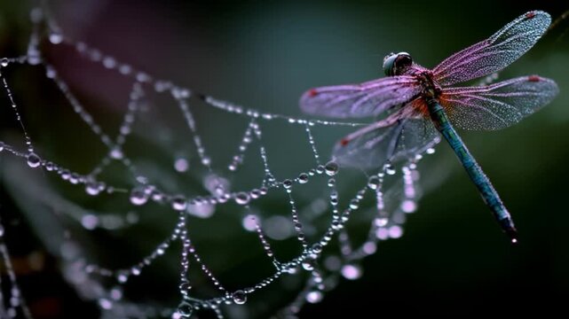 Dragonfly resting on a spiderweb with water droplets