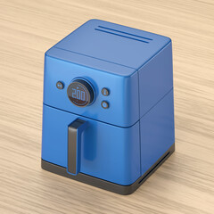 Blue electric air fryer on wooden table