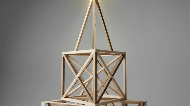 Geometric wooden structure with birch elements on a minimalist background.