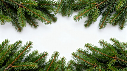 Obraz premium is a minimalist and festive style photograph featuring a layout of evergreen pine branches arranged along the top edge, creating a natural frame against a clean, white background. The branches are lus