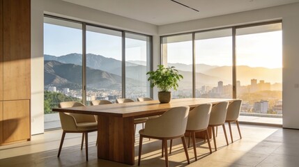 Fototapeta premium Modern Dining Room with Mountain View at Sunset