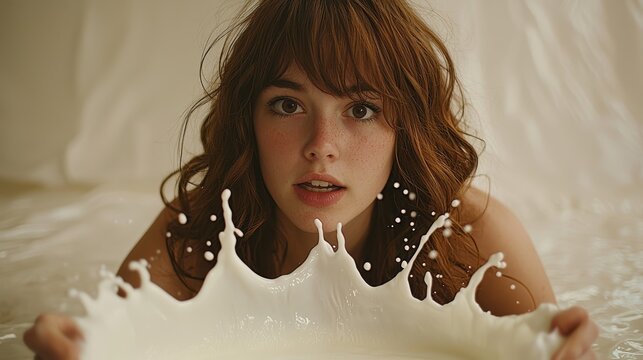 Milk droplet impact creates liquid crown splash while young woman with wavy brown hair observes experiment showing natural curiosity and fascination with direct eye contact