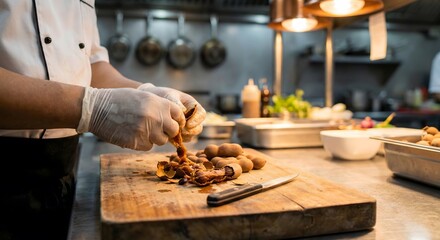 Close-up of a chef's hands preparing and cutting fresh ingredients on a wooden board