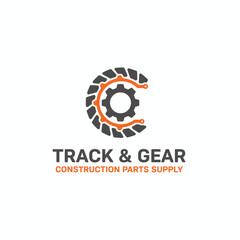 Obraz premium A logo shows a grey cog wheel design inside of a half circle of a tire track and a second, orange, c shaped line