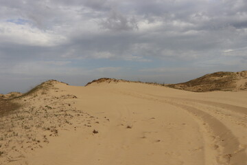 Sand dune ridge with tracks leading through desert landscape
