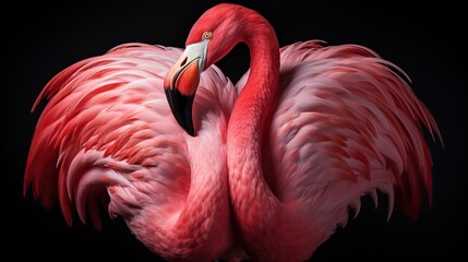 Fototapeta premium Pair of Flamingos Forming a Heart-Shaped Silhouette Amid Vibrant Pink Plumage and Elegant Wings