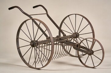 Fototapeta premium Antique Metal Hay Rake with Large Wheels