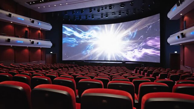 Inside a modern cinema with comfortable red seats and a large screen.