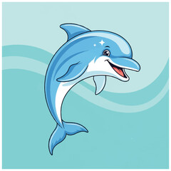 Obraz premium A cartoon dolphin jumping out of turquoise water with a wave background, depicted in a digital illustration with bright tones. Perfect for children's books, educational materials, and