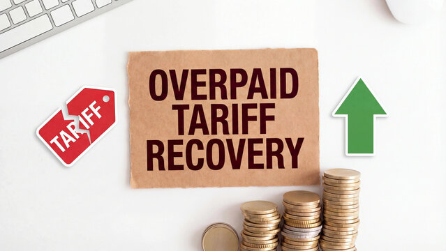 Overpaid tariff recovery business financial claim concept with tariff price tag and stacked coins representing customs import duty overcharge reimbursement and corporate trade cost recoupment strategy