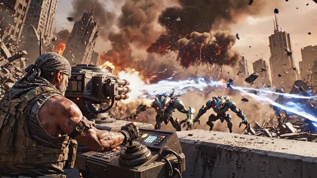 Epic Battle Scene - Futuristic Warfare Against Alien Invaders.