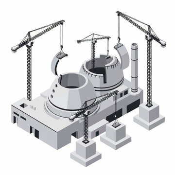 Isometric view of industrial plant construction with cranes.