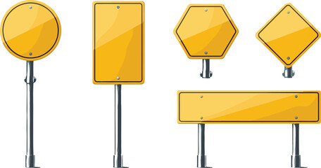 Blank yellow road sign boards in different shapes on metal poles traffic warning template realistic vector illustration set isolated. © MstSuborna