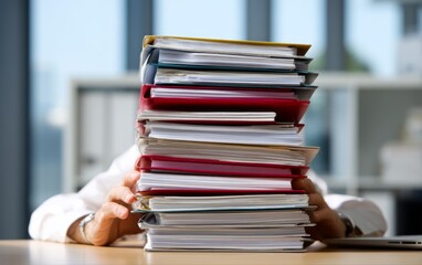 Employee Hiding Behind High Stack of Organized Binders