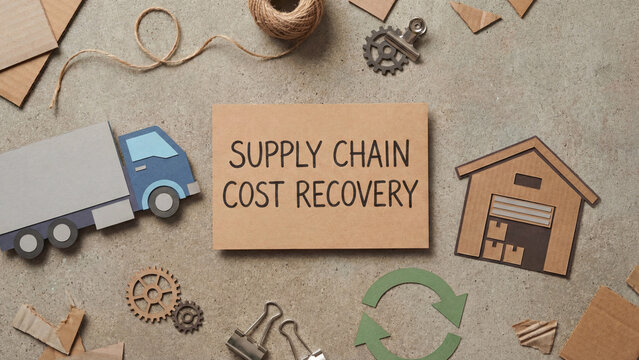 Supply chain cost recovery strategy concept with delivery truck warehouse and gear symbols representing logistics financial optimization and operational resilience after disruption or tariff impact