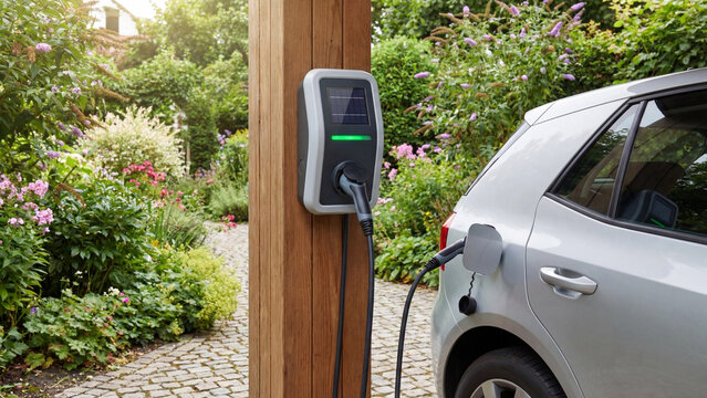 Electric vehicle home charging station installed in residential garden driveway for sustainable clean energy transportation representing EV adoption renewable power and carbon emission reduction